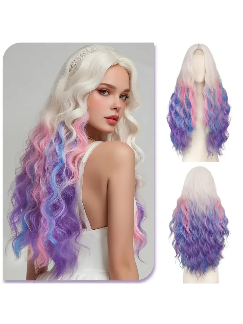 Women's Rainbow 28 Inch Lace Front Soft Synthetic Long Wavy Curly Wigs